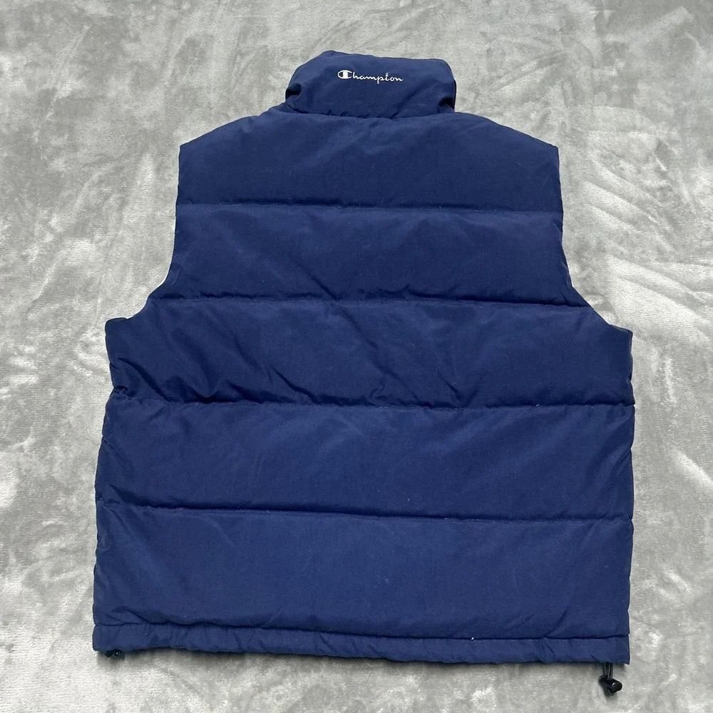Champion‎ Vest Mens XL Navy Blue Down Puffer Zip Pockets Quilted Logo Vtg y2k